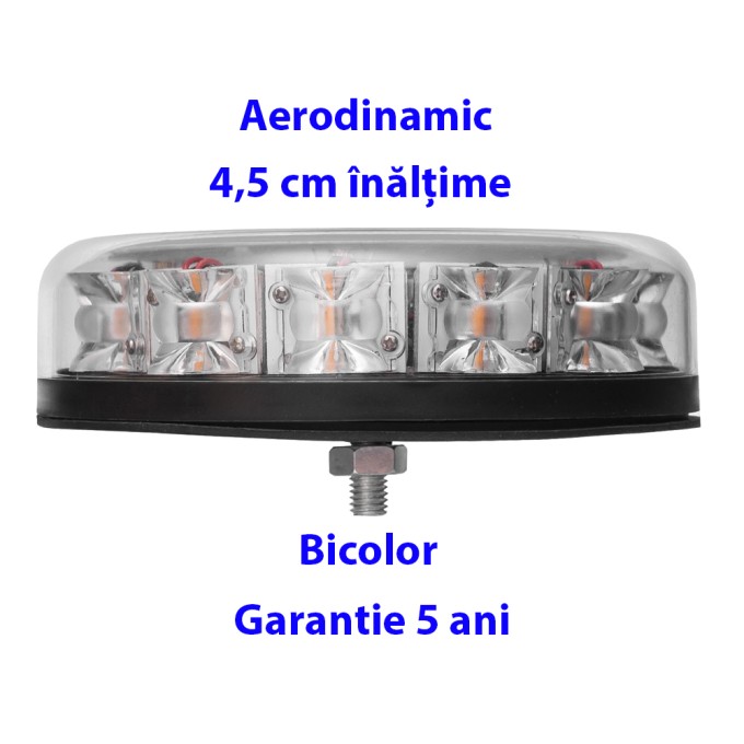 Girofar LED bicolor prindere 1 punct (doar 4,5 cm inaltime) 12-24V 12 LED-uri de 3W - 5 ani Garantie